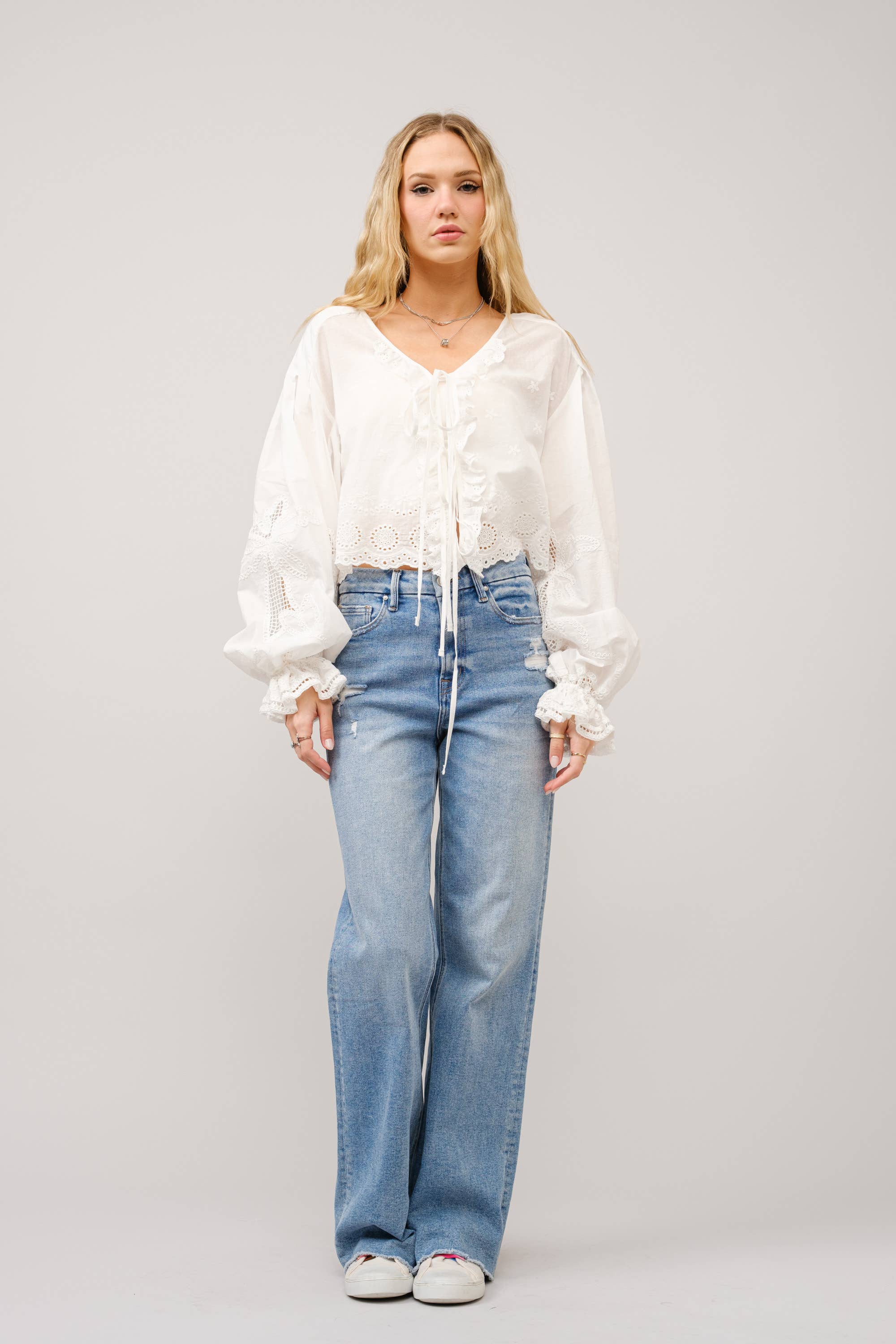 Ruffle Front Tie Embroidered Top