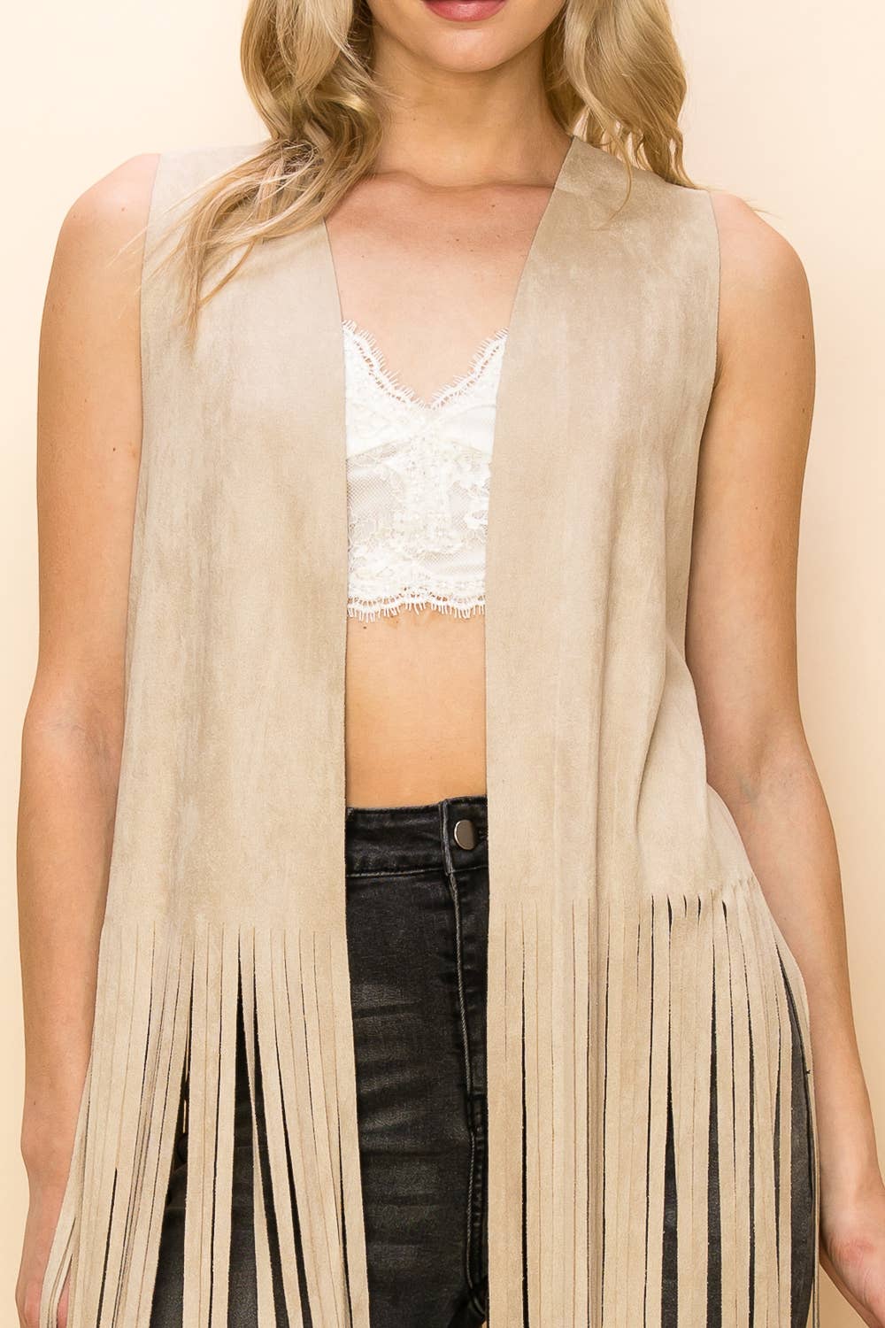 Cream Longline Fringe Vest