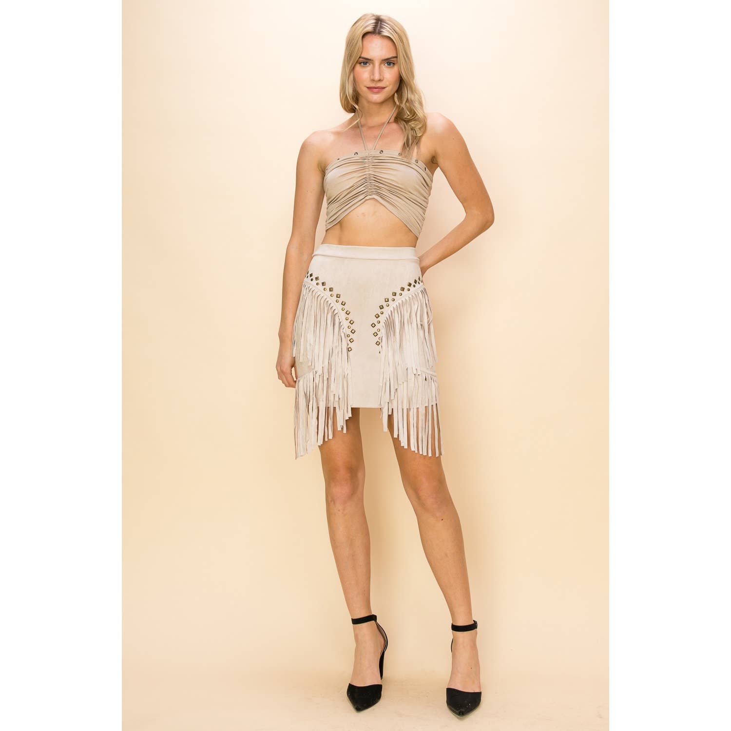 Cream Studded Fringe Skirt