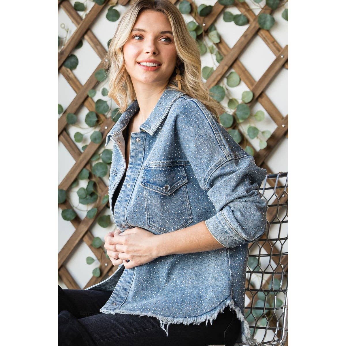 Plus Size Rhinestone Denim Shacket