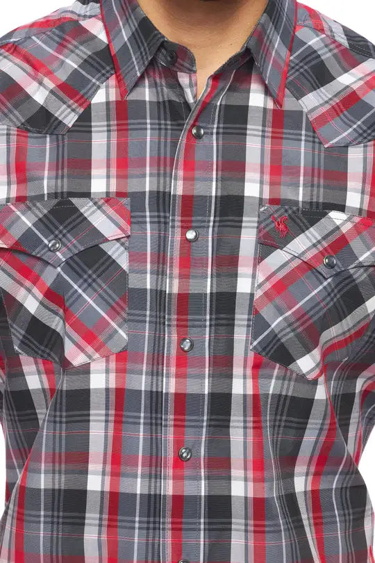 Men's Grey & Red Plaid Western Snap Shirt