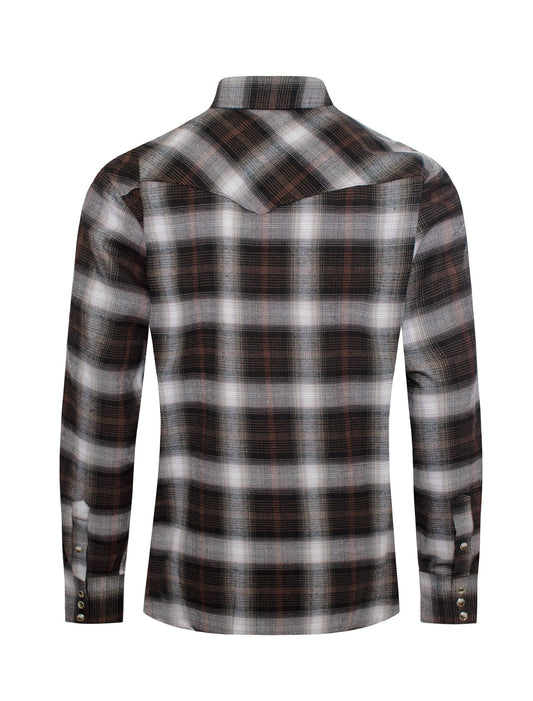 Western Long Sleeve Flannel Shirt - Brown Plaid