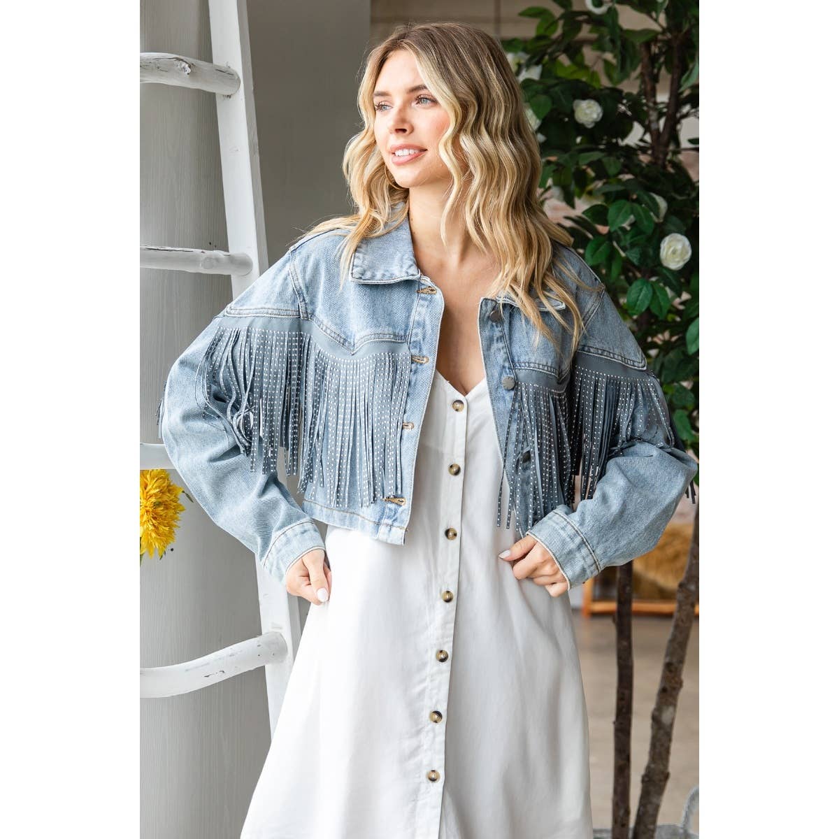 Rhinestone Fringe Cropped Denim Jacket