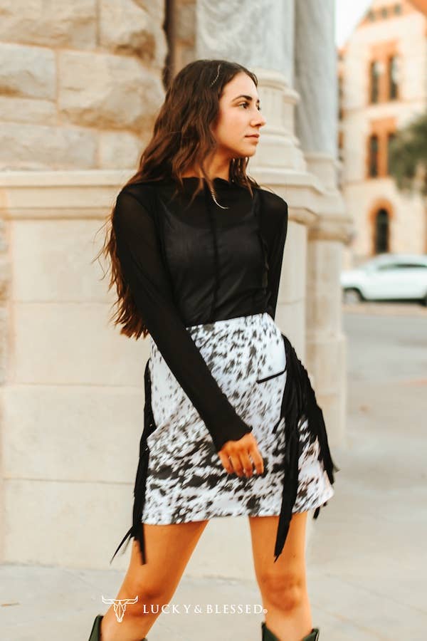 Black Cow Hide Print Fringe Skirt