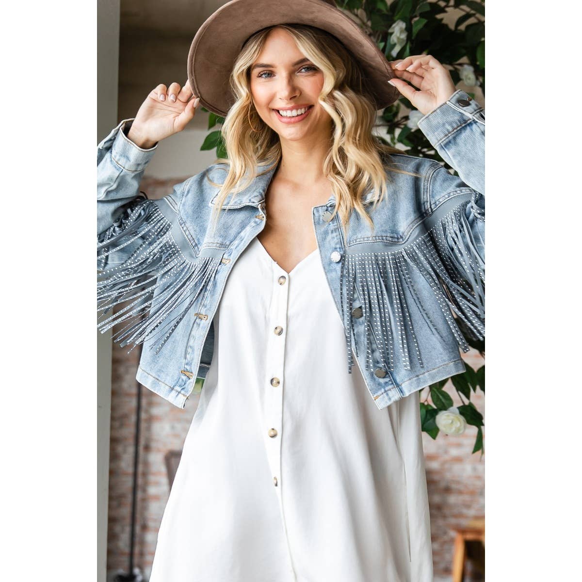 Rhinestone Fringe Cropped Denim Jacket