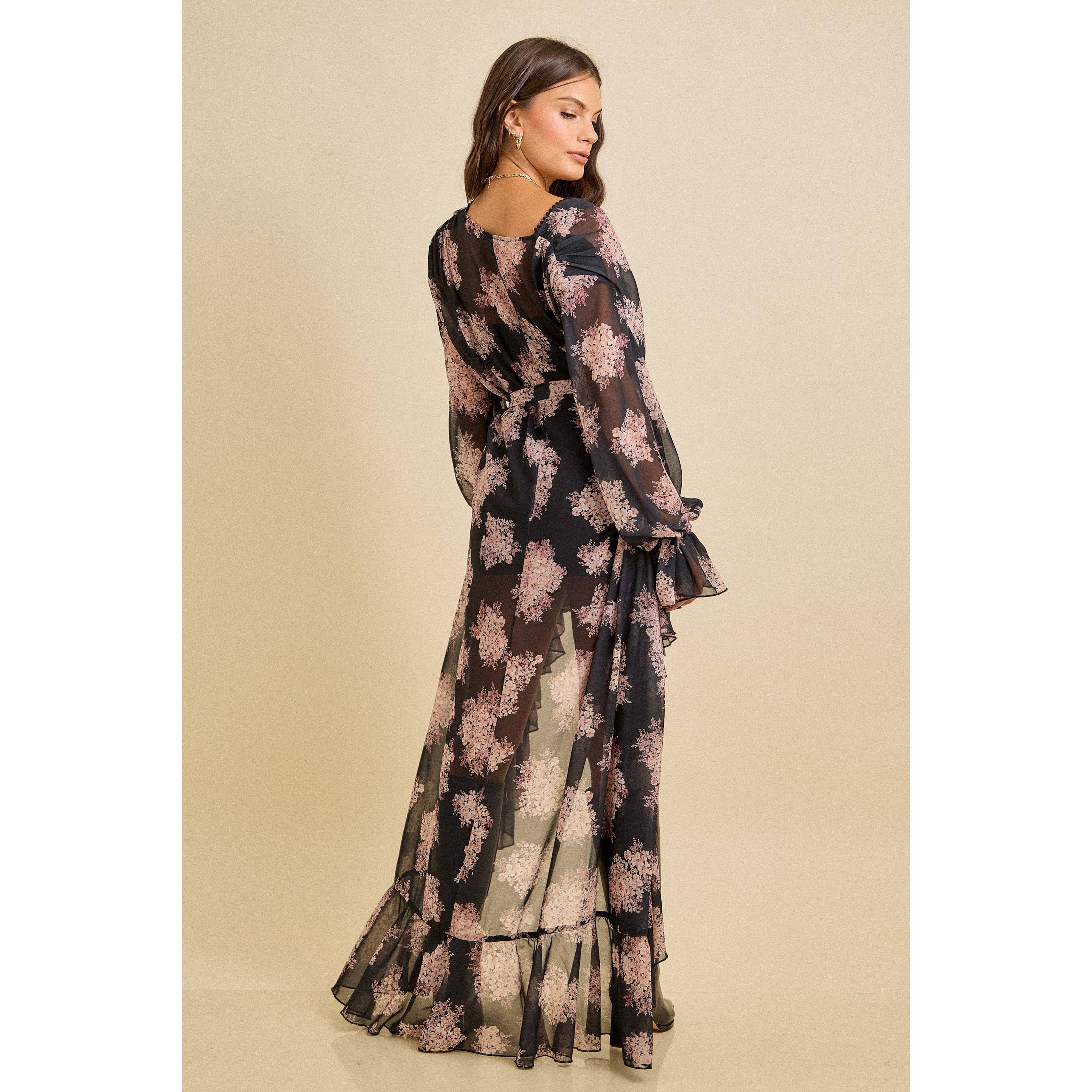 Floral Ruffle High-Low Dress with Scarf Tie