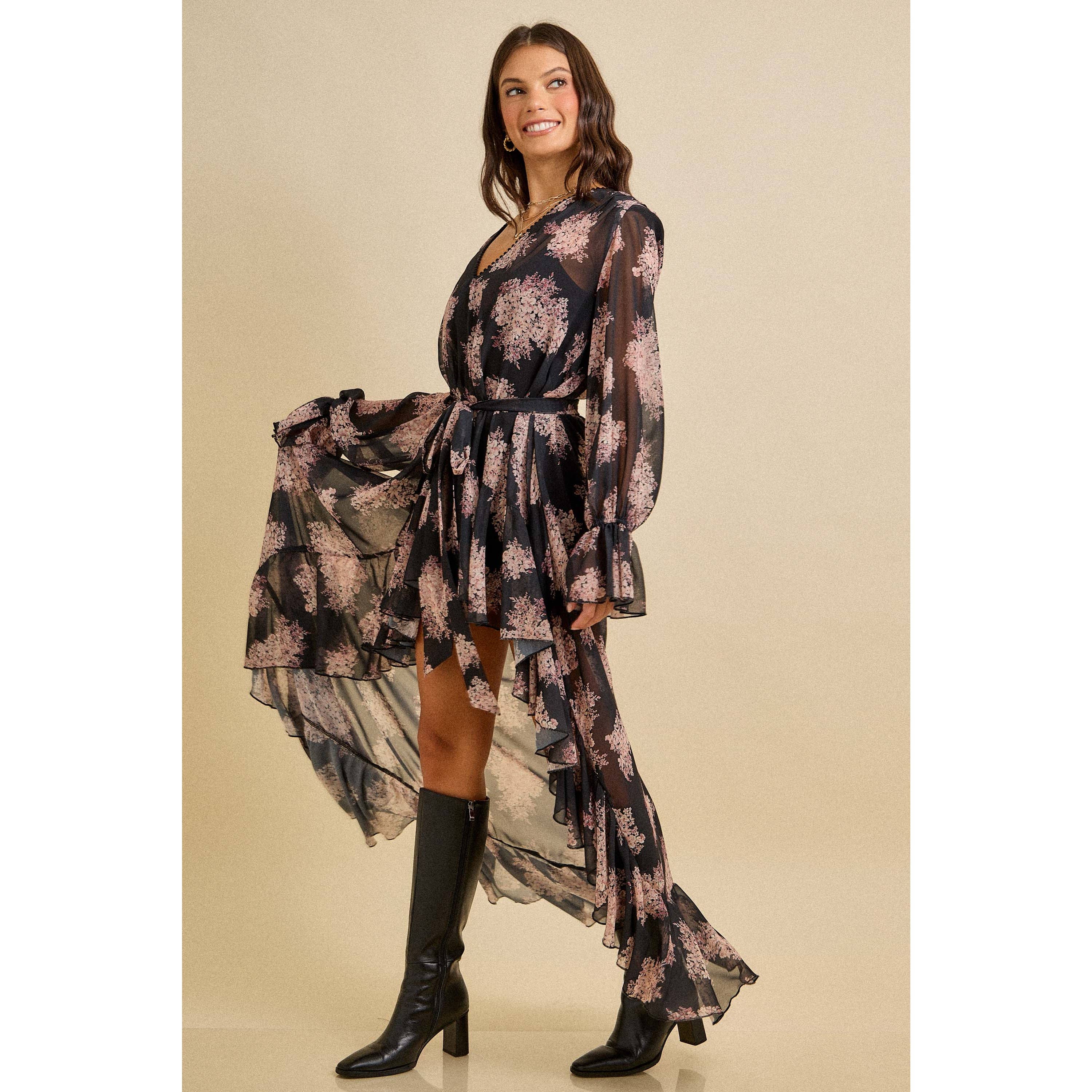 Floral Ruffle High-Low Dress with Scarf Tie