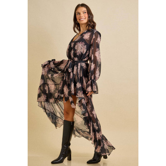 Floral Ruffle High-Low Dress with Scarf Tie