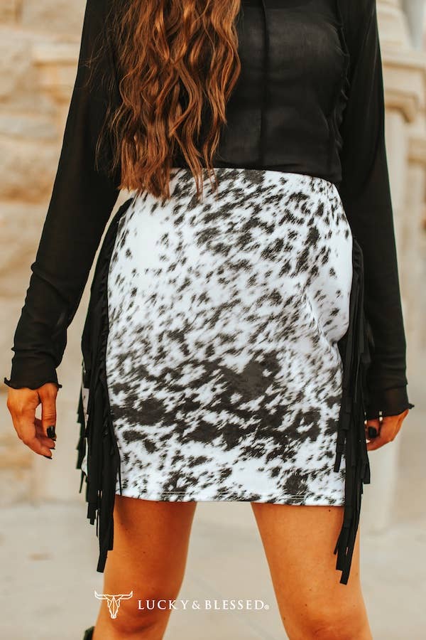 Black Cow Hide Print Fringe Skirt