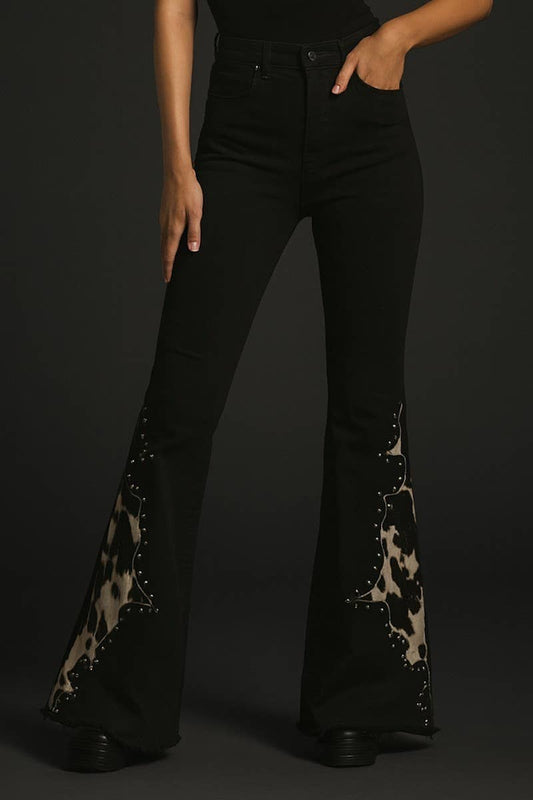 Cow Print Studded Bell Bottom Jean