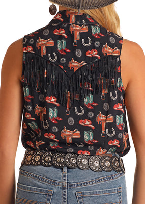 Sleeveless Conversational Snap Fringe Shirt