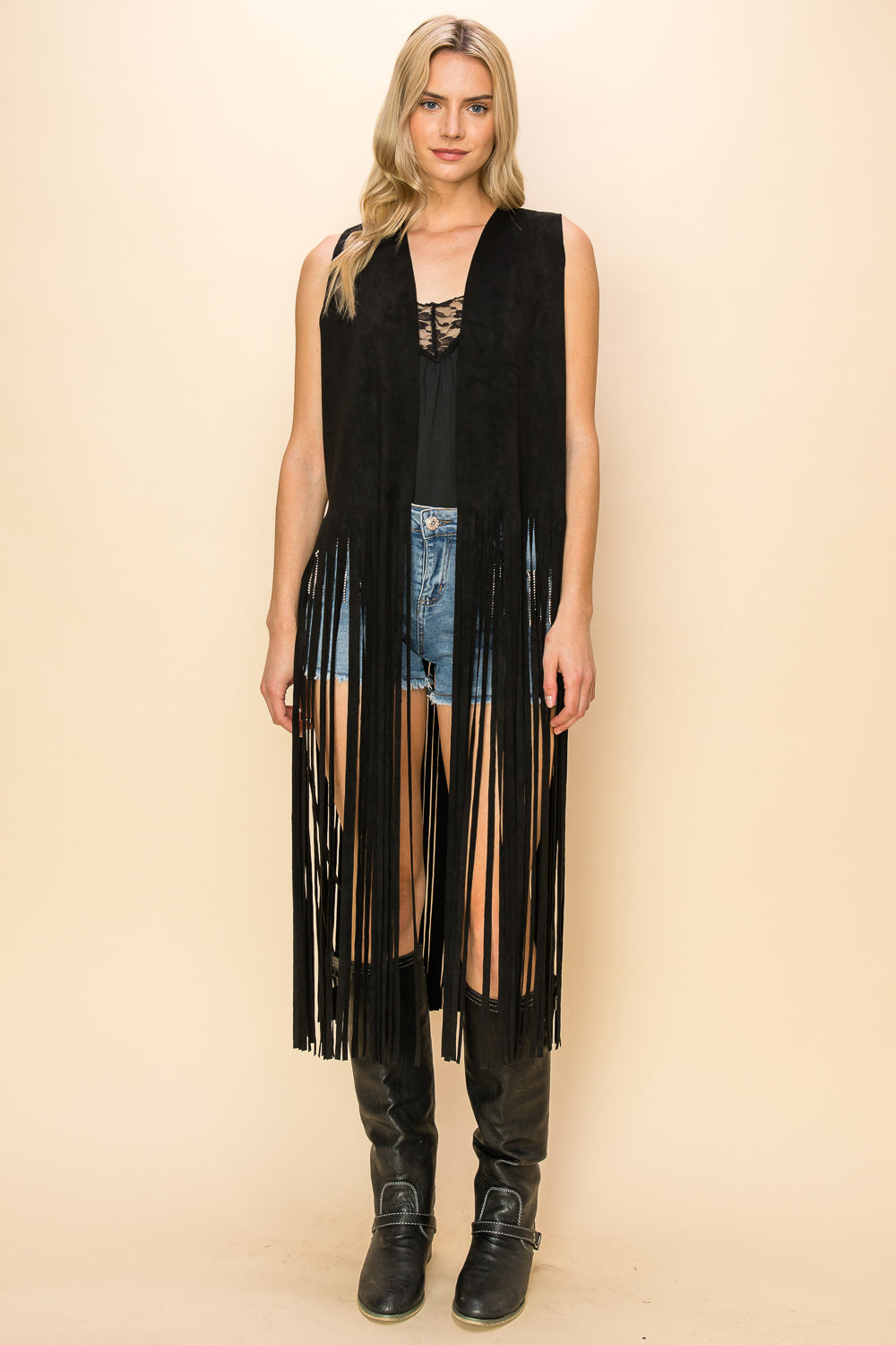 Black Longline Fringe Vest