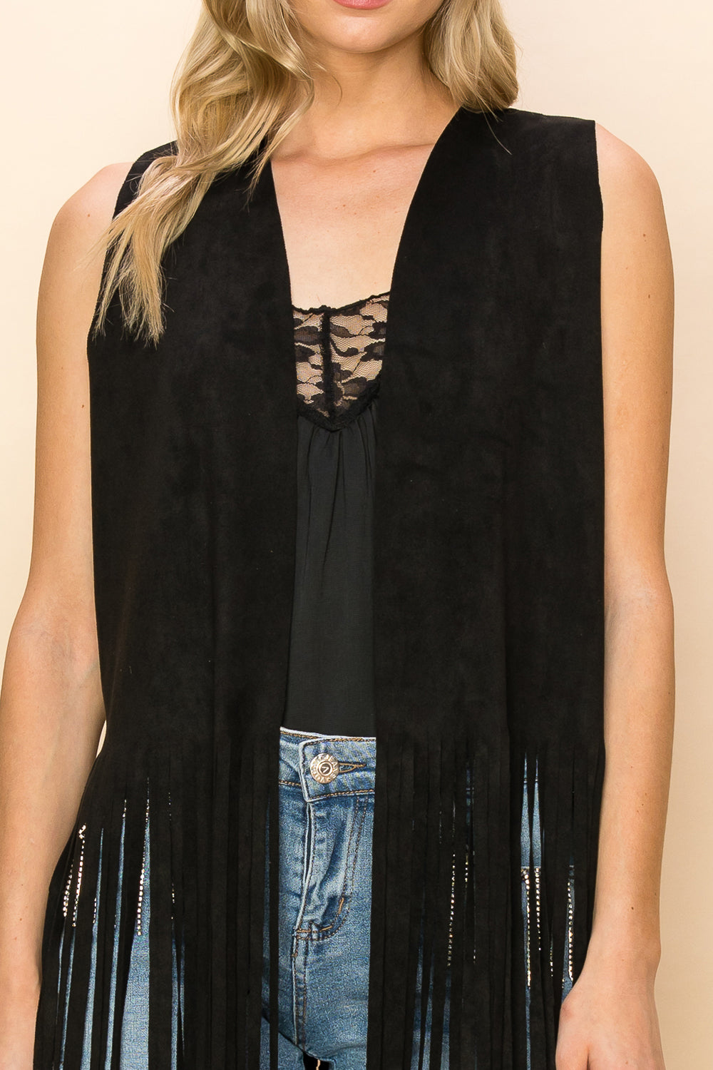 Black Longline Fringe Vest