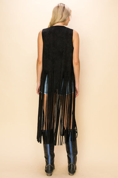 Black Longline Fringe Vest