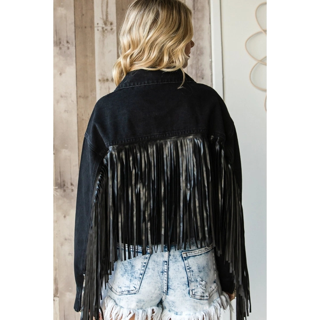 Black denim jacket with tassels best sale