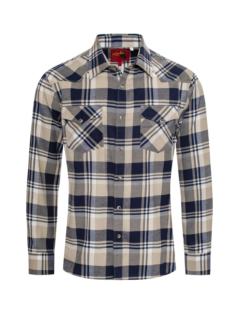 Western Long Sleeve Flannel Shirt - Blue Plaid
