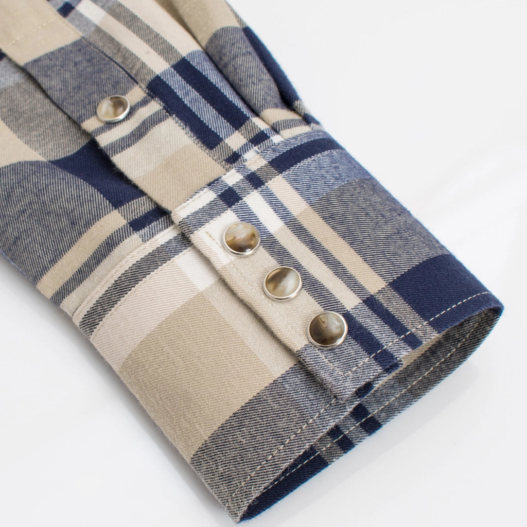 Western Long Sleeve Flannel Shirt - Blue Plaid