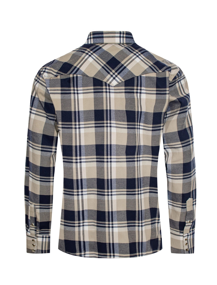 Western Long Sleeve Flannel Shirt - Blue Plaid