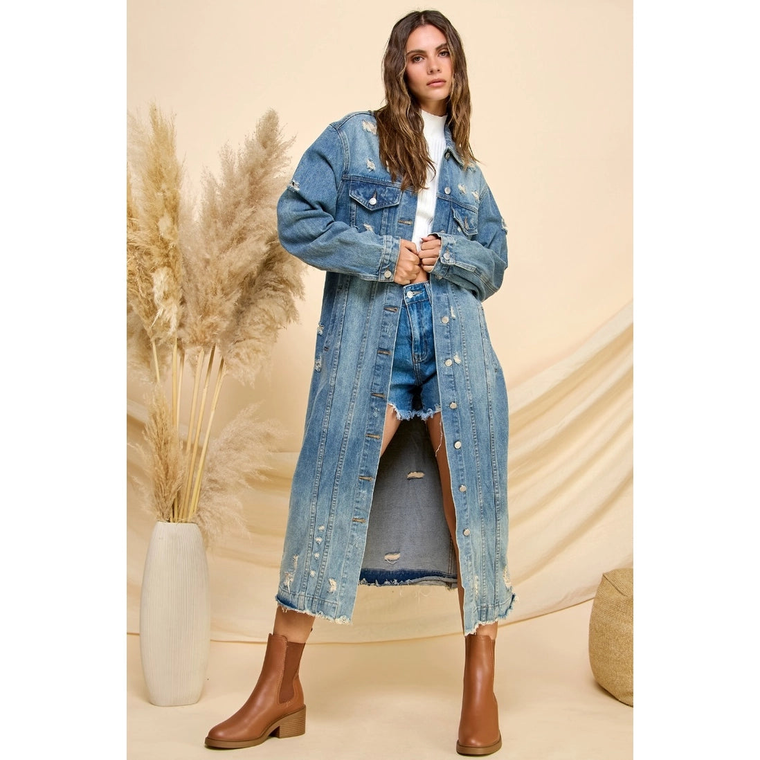 Longline Distressed Denim Coat