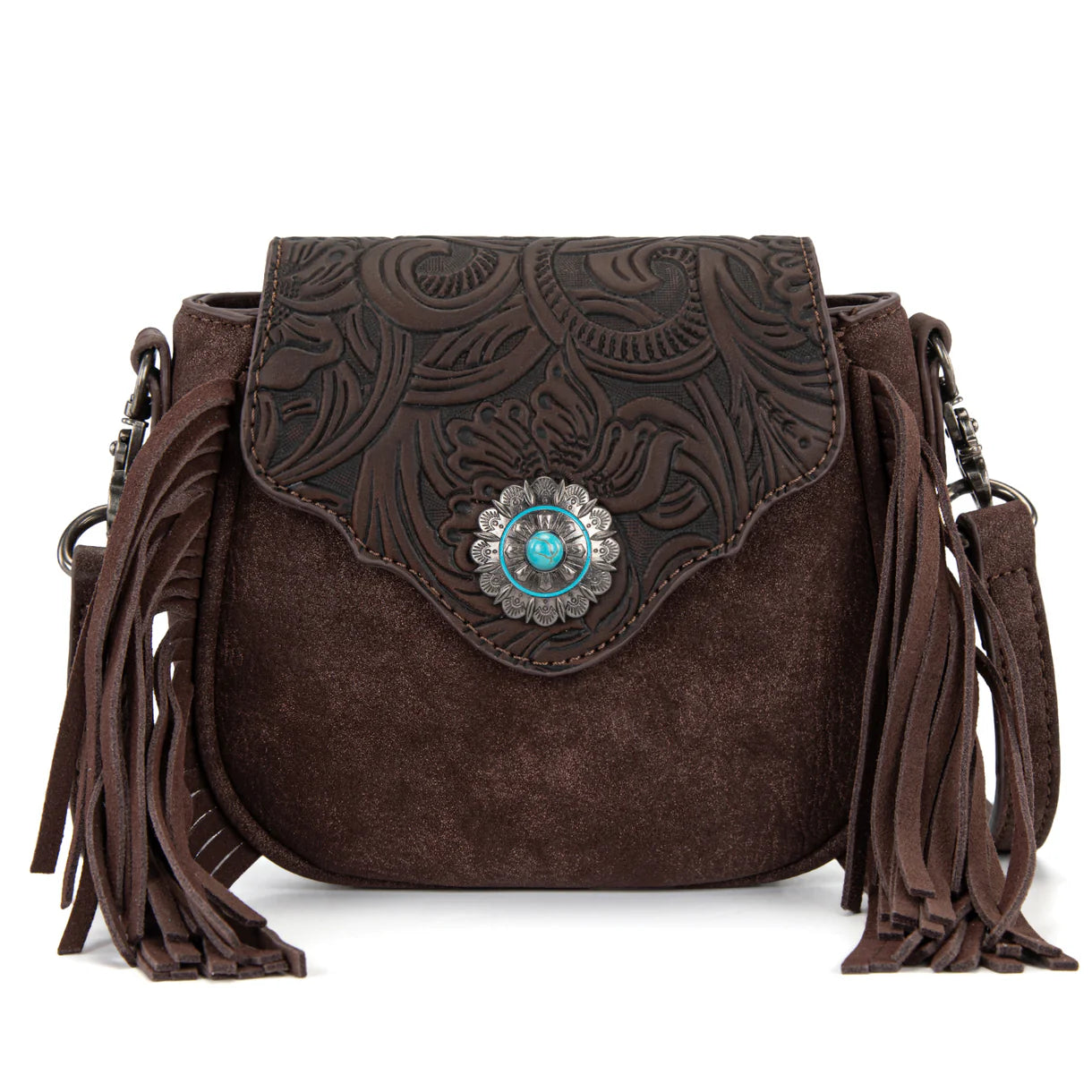 Embossed Fringe Mini Crossbody Bag - Coffee