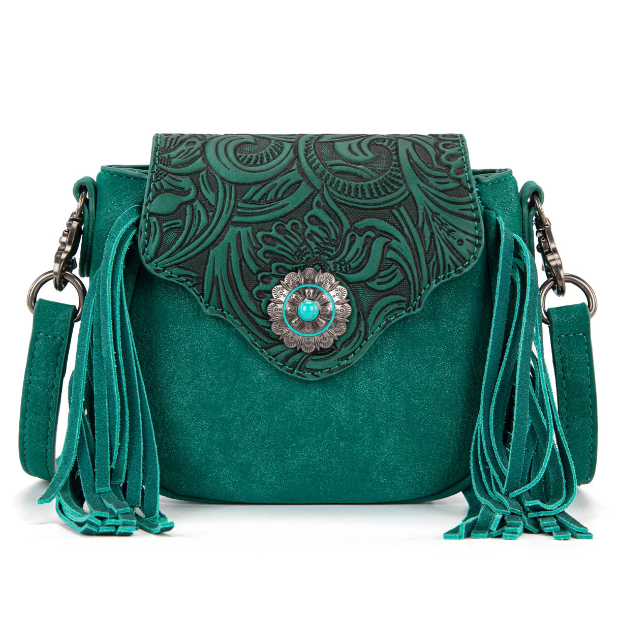 Embossed Fringe Mini Crossbody Bag - Turquoise