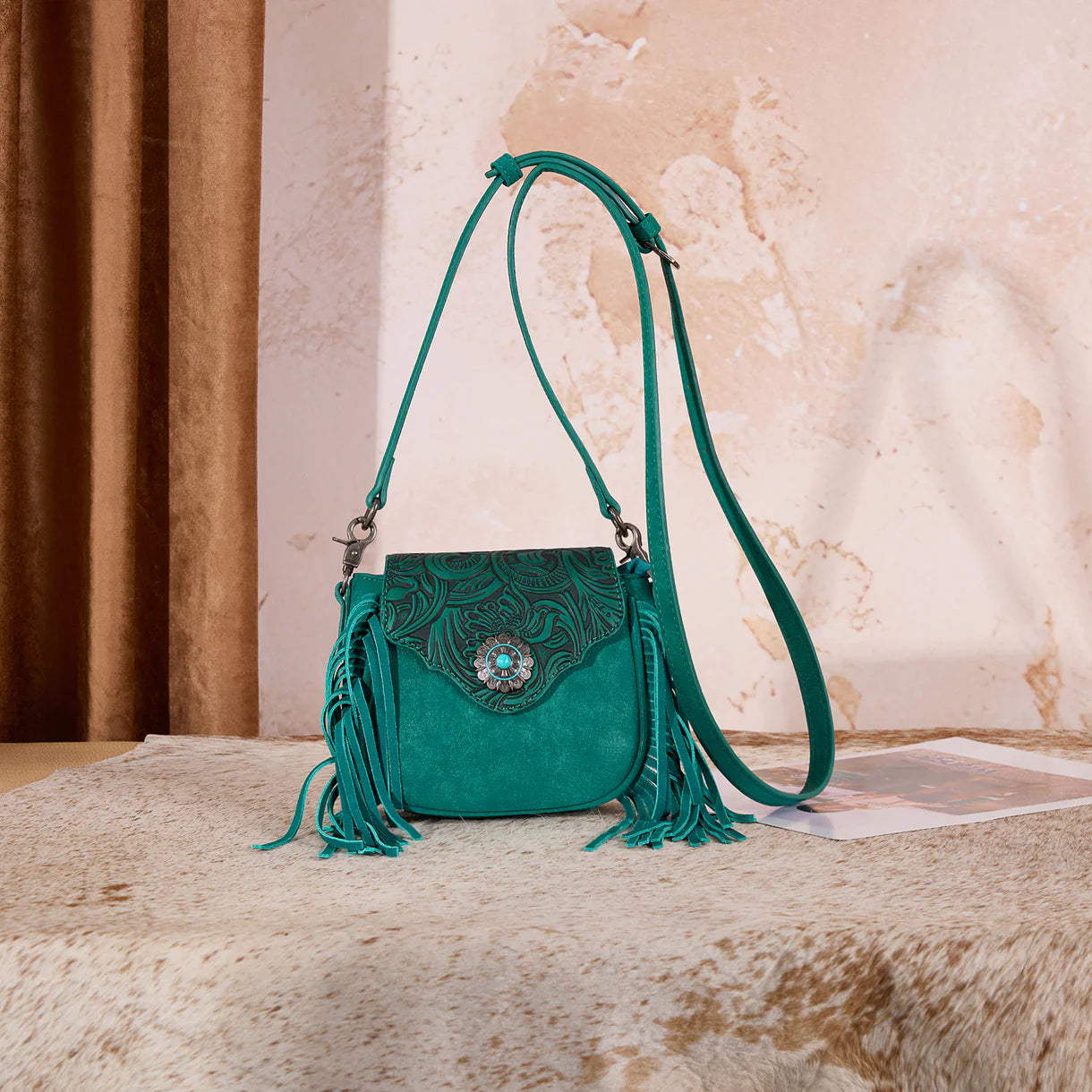 Embossed Fringe Mini Crossbody Bag - Turquoise