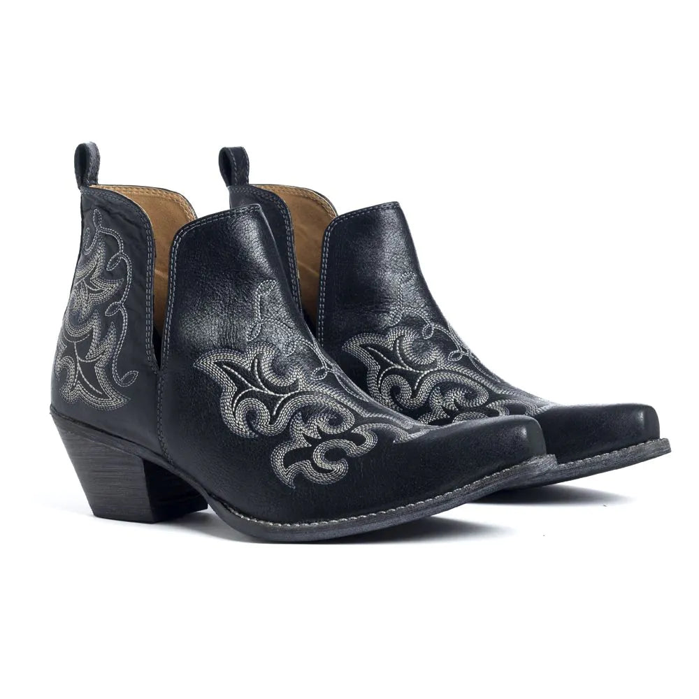 Black Leather Western Ankle Boots