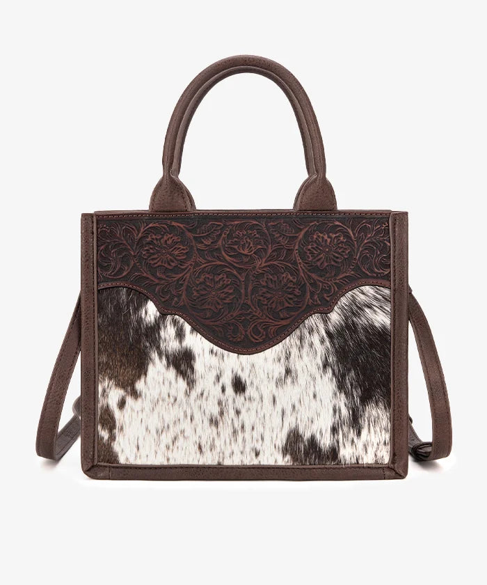 Hair on Hide Floral Tooled Tote/Crossbody - Coffee