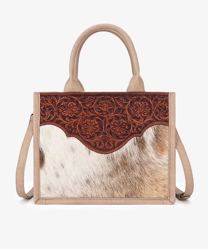 Hair on Hide Floral Tooled Tote/Crossbody - Tan