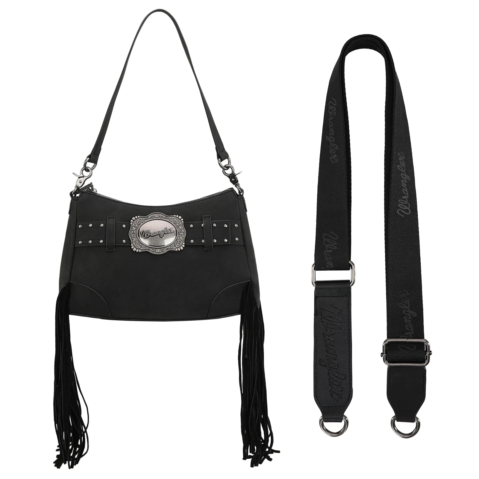 Wrangler Fringe Buckle Hobo Bag - Black