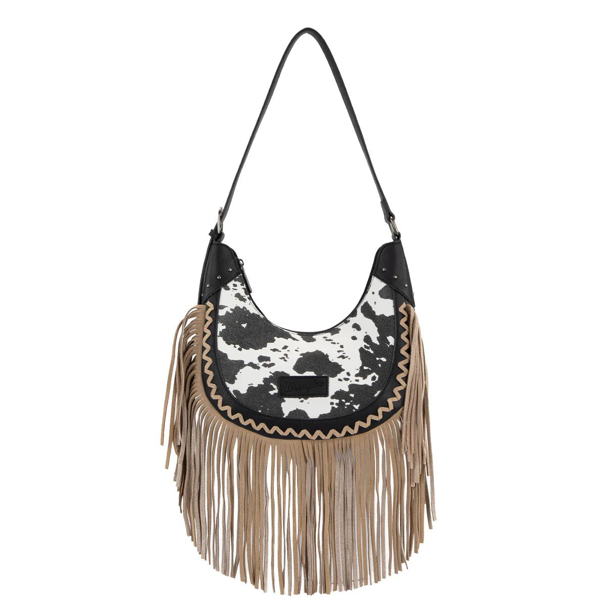 Cow Print Fringe Shoulder Hobo Bag - Black