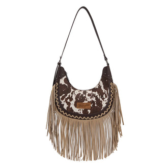Cow Print Fringe Shoulder Hobo Bag - Coffee