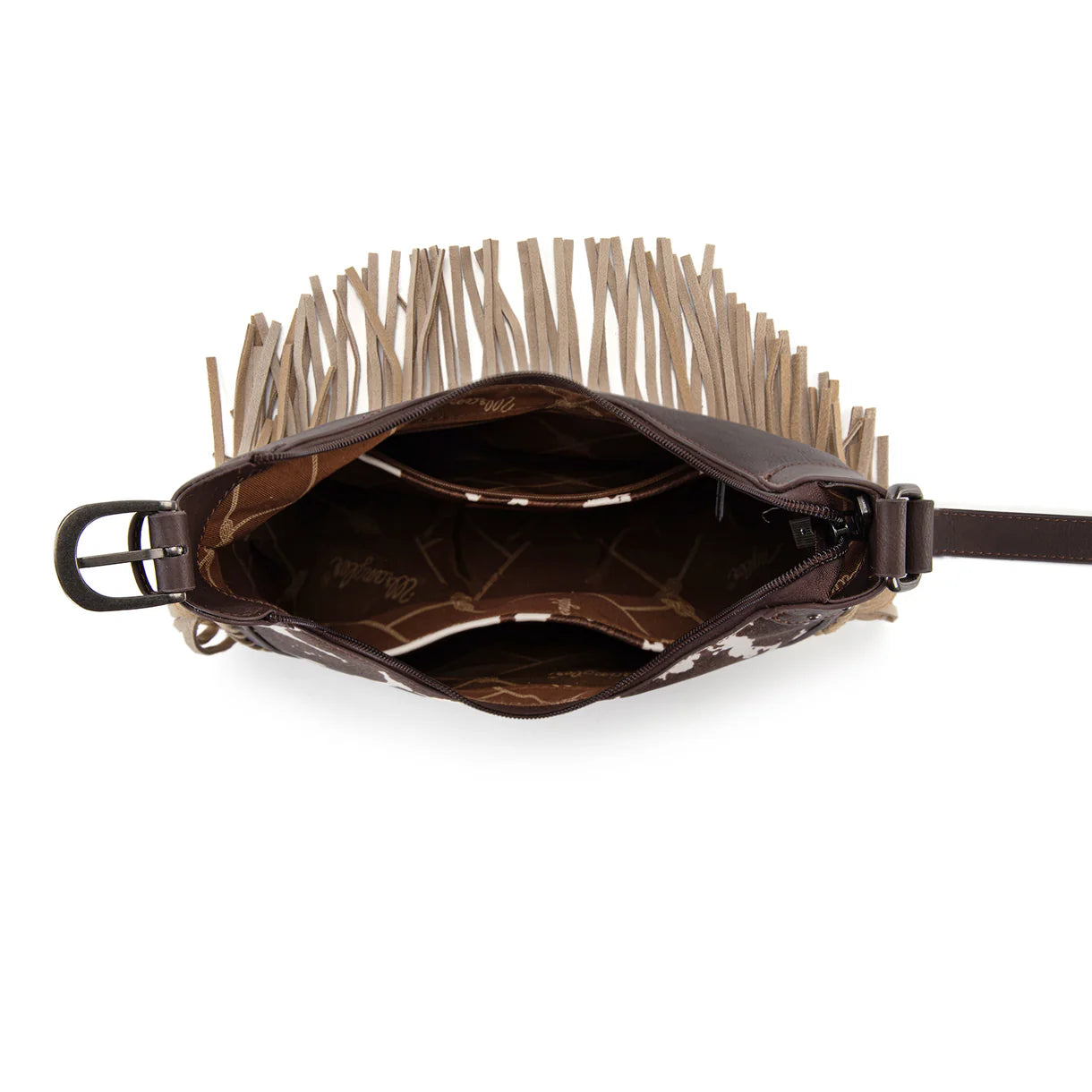 Cow Print Fringe Shoulder Hobo Bag - Coffee