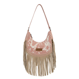 Cow Print Fringe Shoulder Hobo Bag - Dark Pink