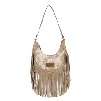 Cow Print Fringe Shoulder Hobo Bag - Tan