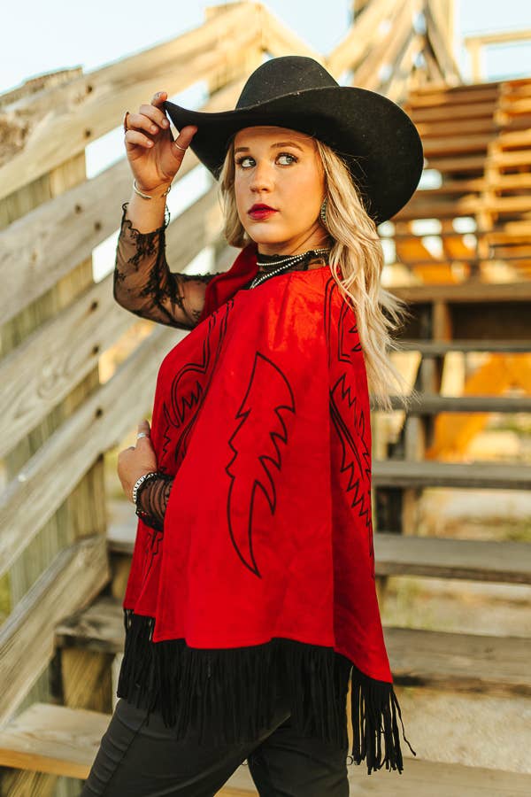 Red Suede Boot Stitch Embroidered Fringe Suede Cape