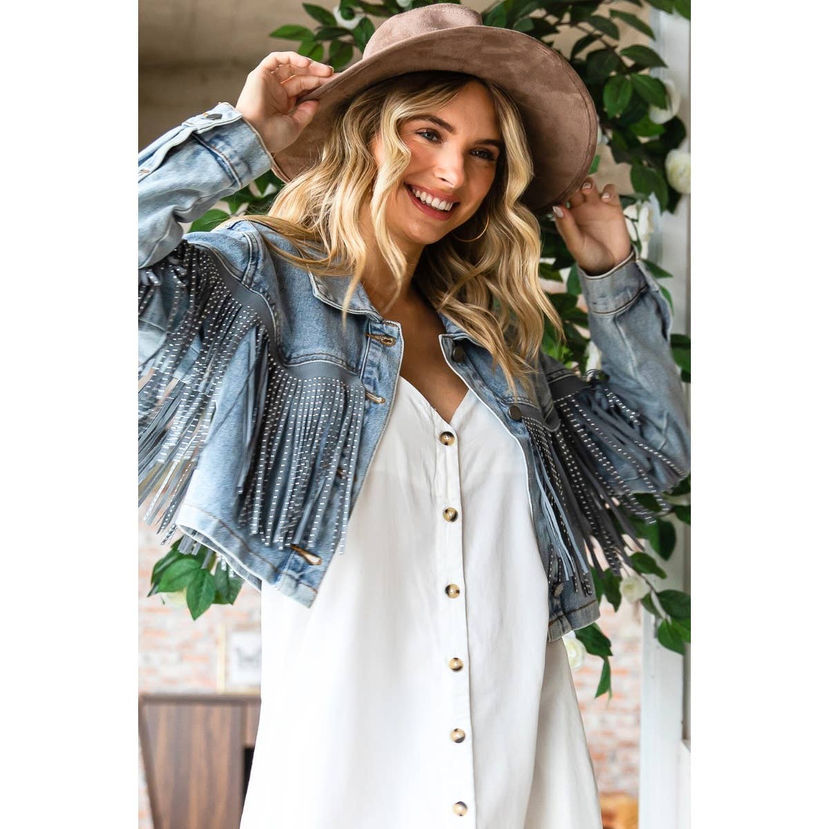 Rhinestone Fringe Cropped Denim Jacket