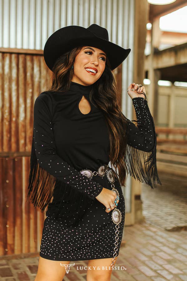 Black Rhinestone Studded Fringe Keyhole Dress