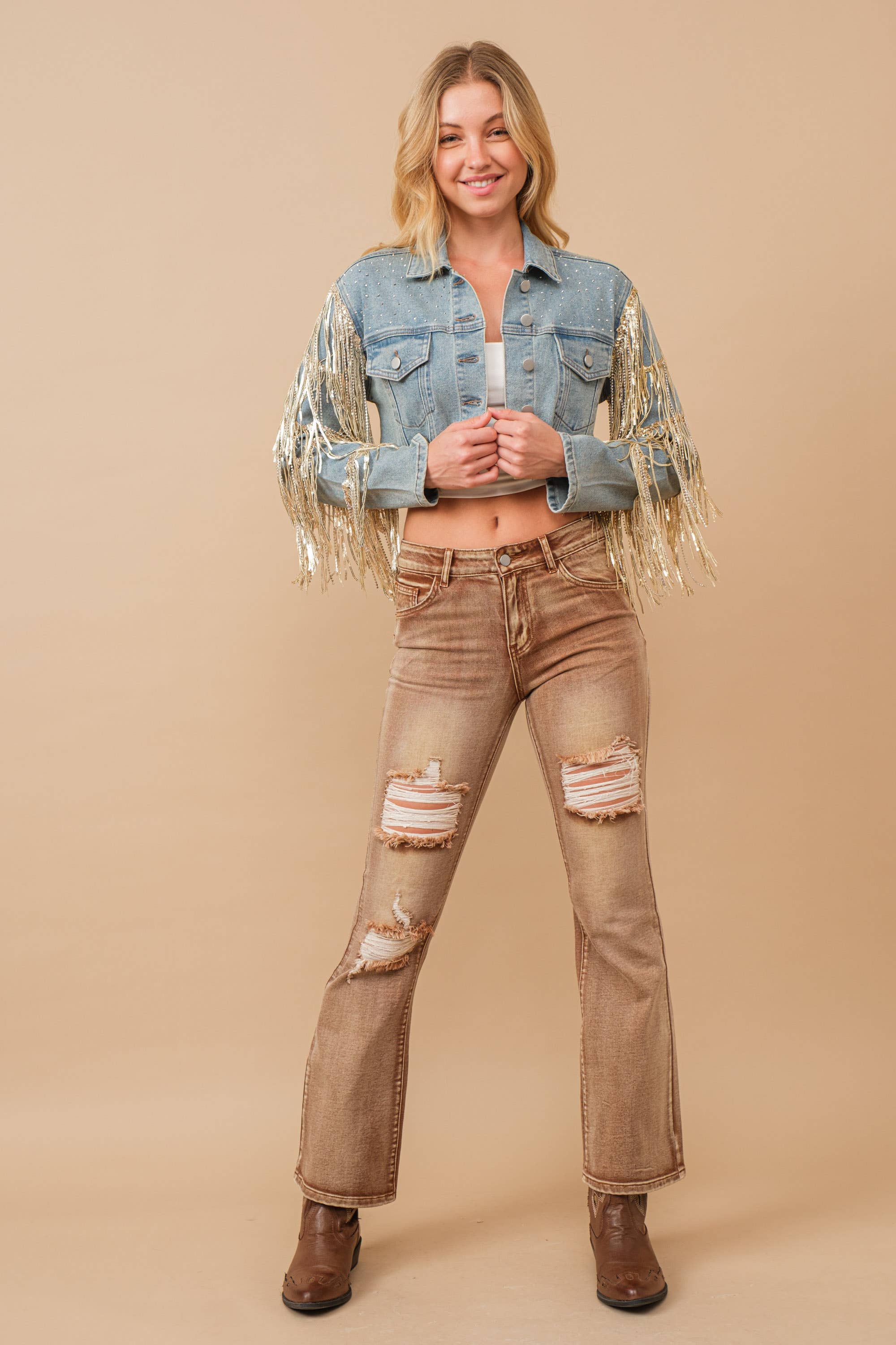 Rhinestone Gold Fringe Cropped Denim Jacket