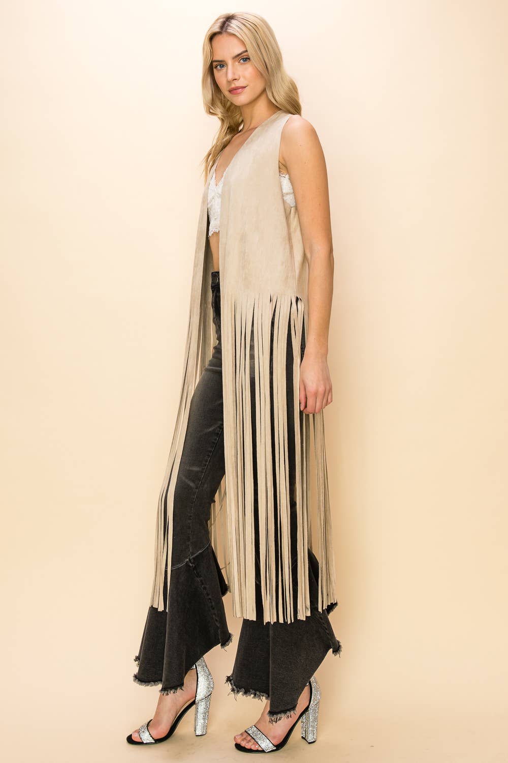 Cream Longline Fringe Vest