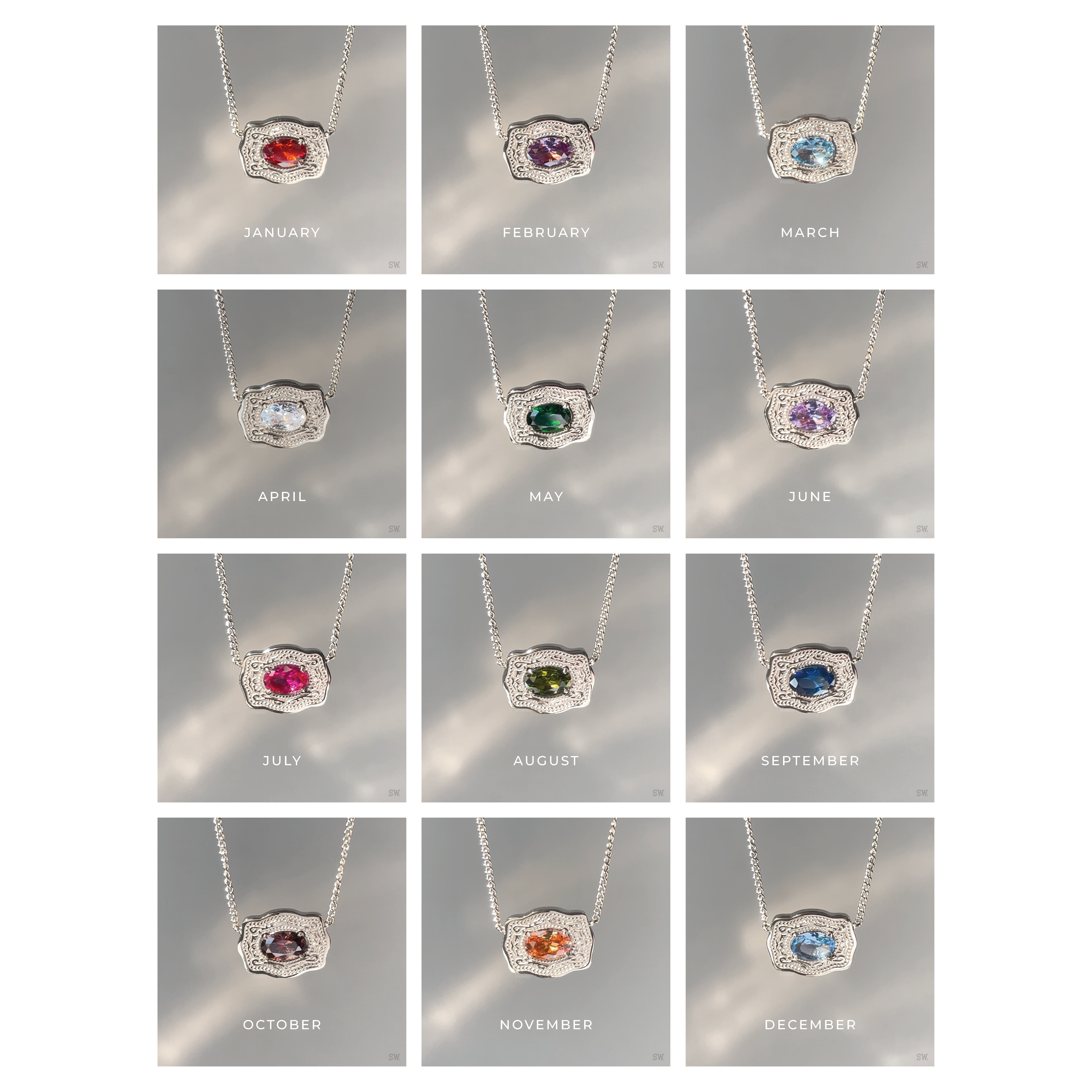 Ultra Mini Belt Buckle Birthstone Necklace - Silver