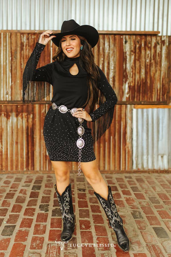 Black Rhinestone Studded Fringe Keyhole Dress