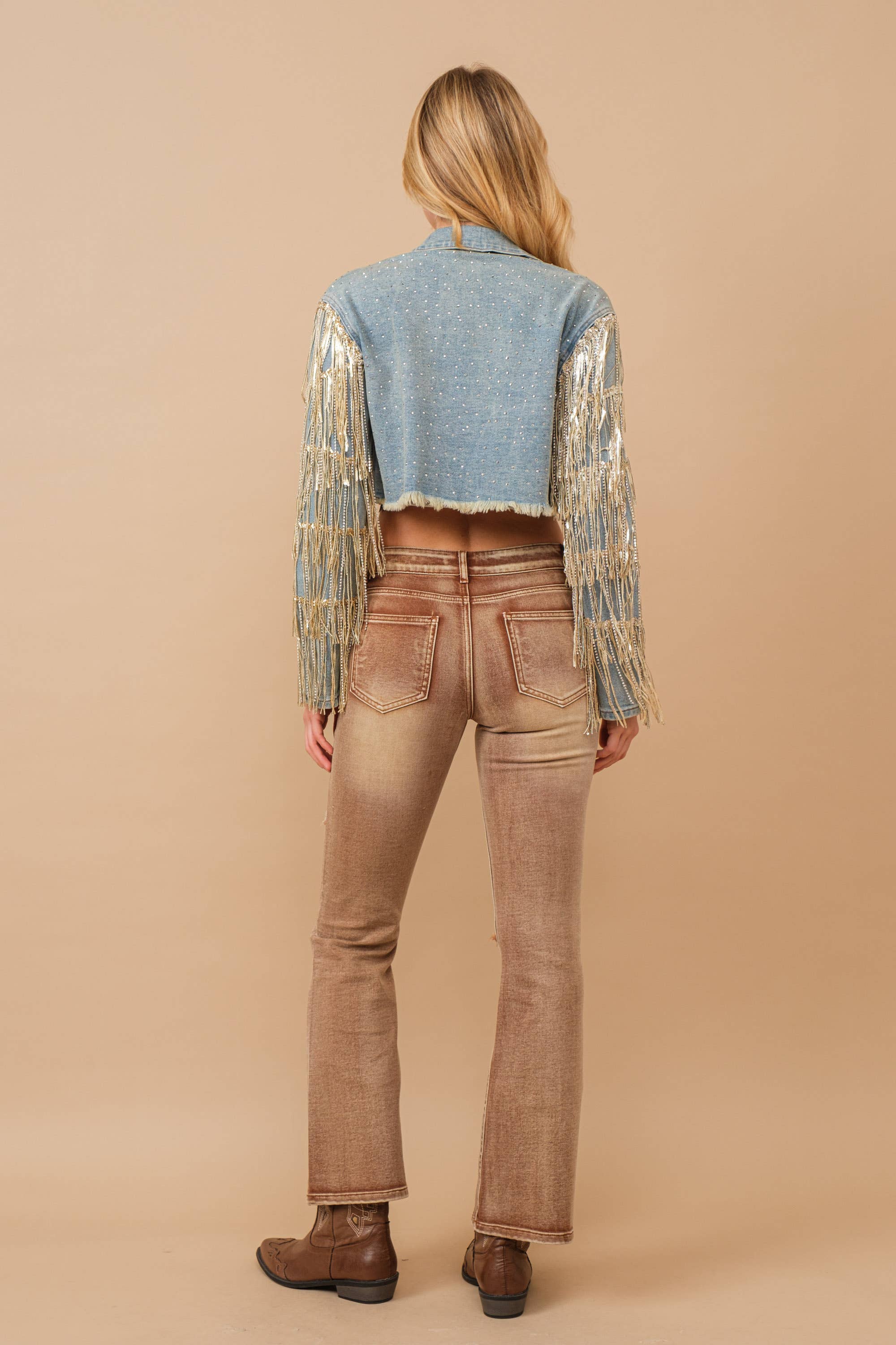 Rhinestone Gold Fringe Cropped Denim Jacket