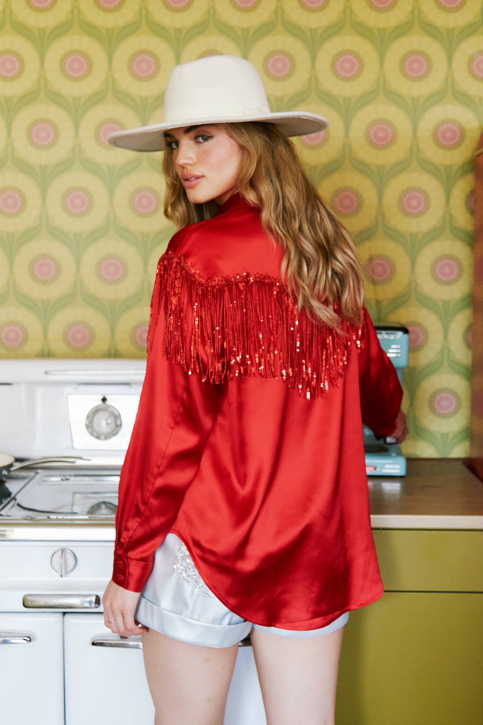 Sumptuous Red Satin Western Blouse