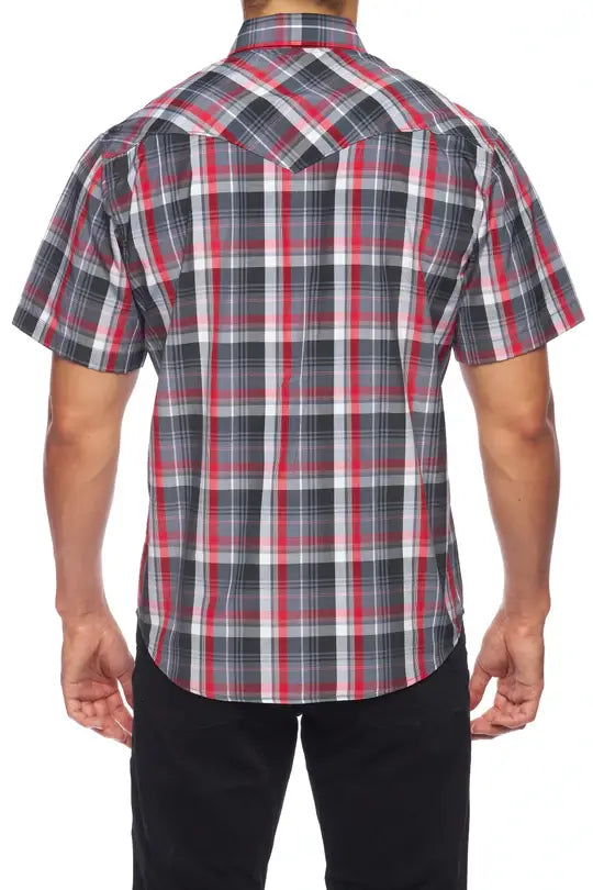 Men's Grey & Red Plaid Western Snap Shirt