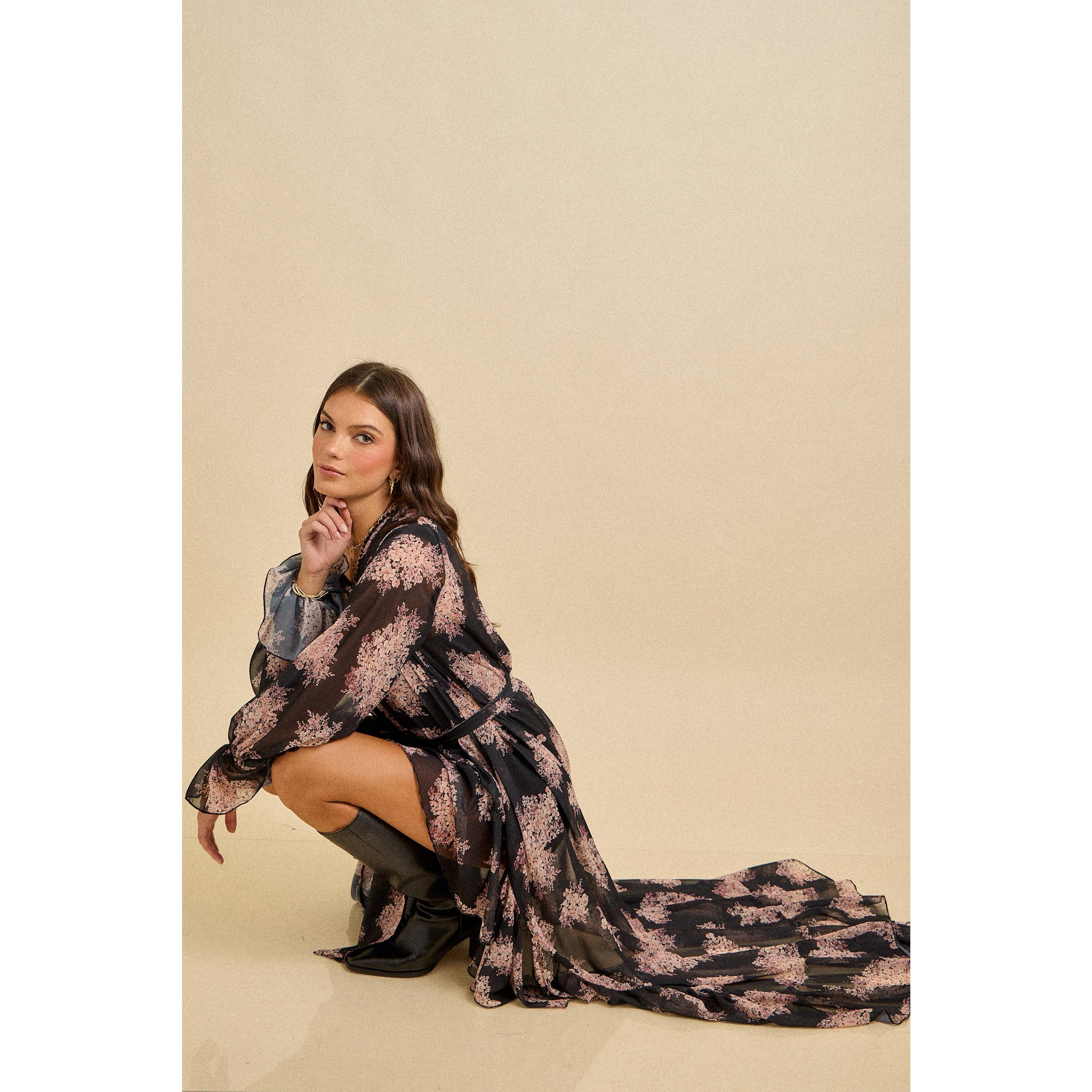 Floral Ruffle High-Low Dress with Scarf Tie