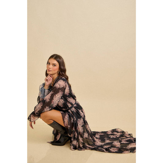 Floral Ruffle High-Low Dress with Scarf Tie