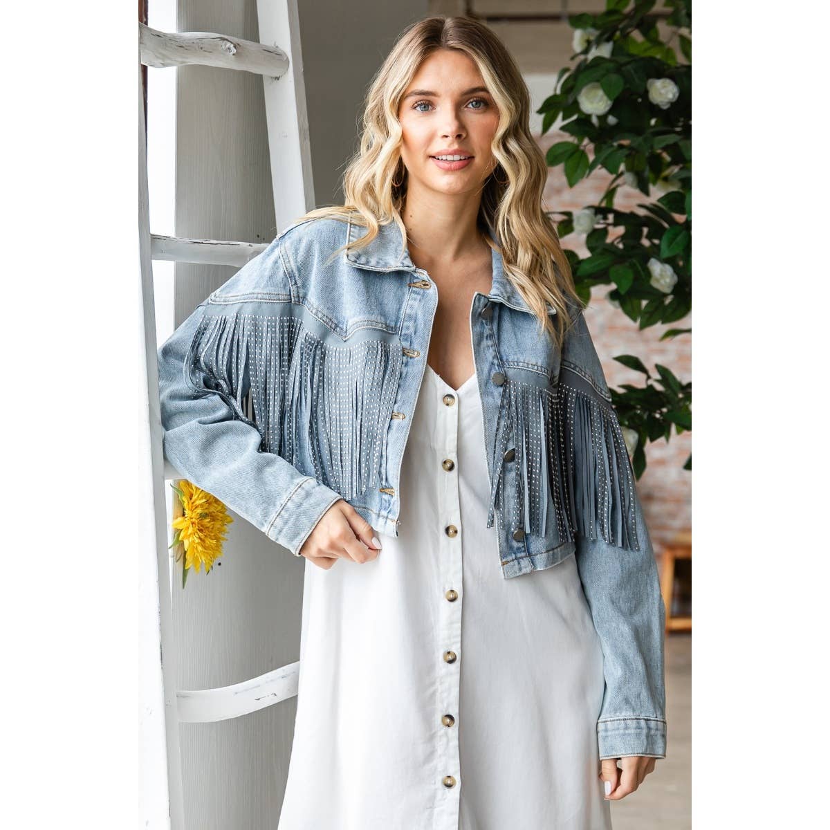 Rhinestone Fringe Cropped Denim Jacket