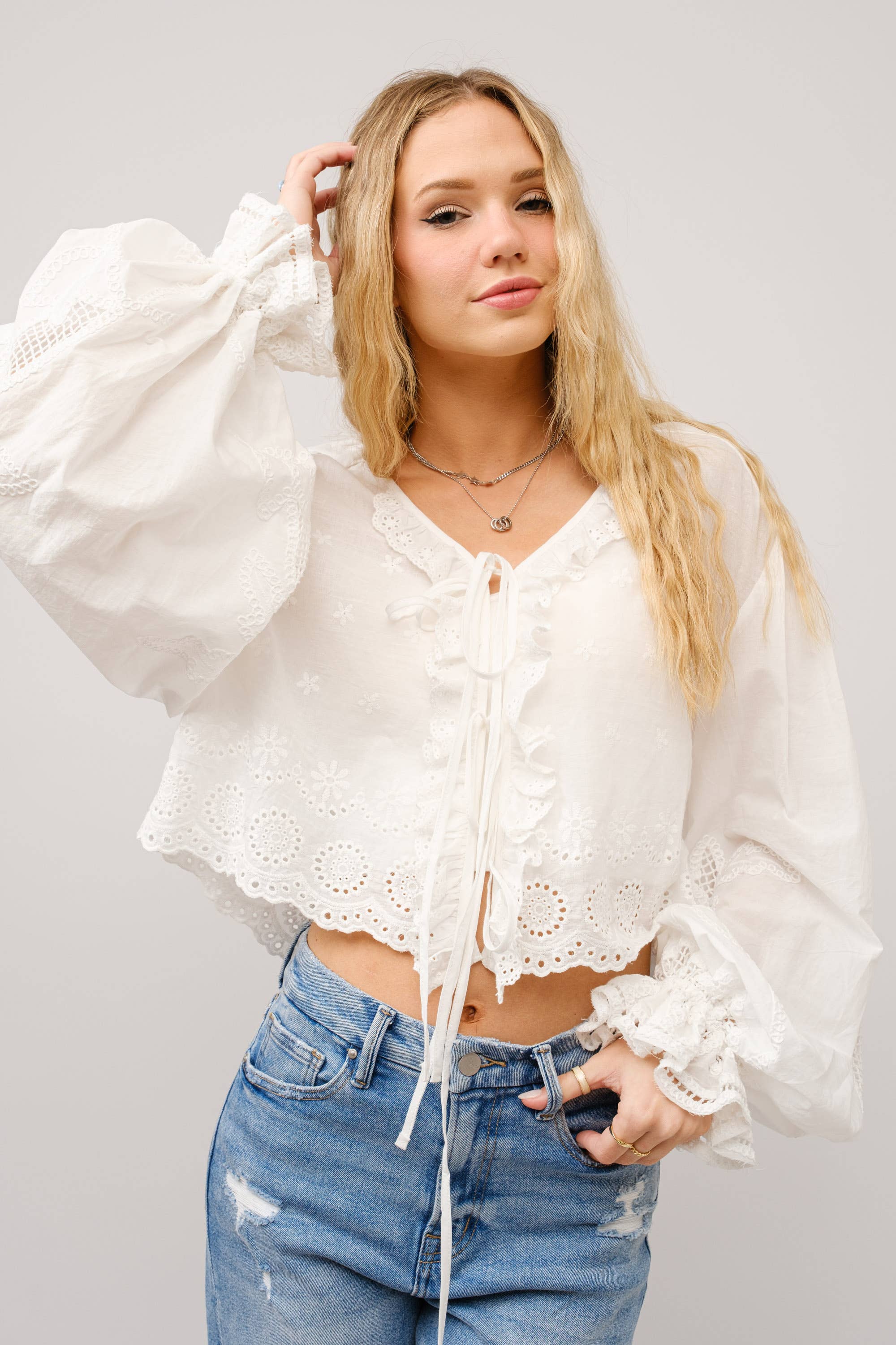 Ruffle Front Tie Embroidered Top