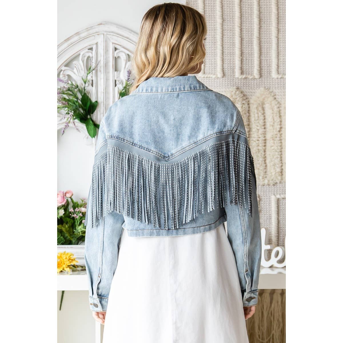 Rhinestone Fringe Cropped Denim Jacket